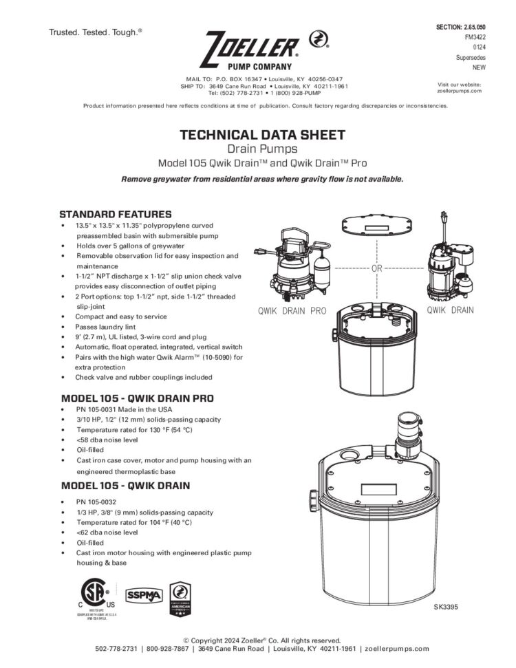 Technical Data, Qwik Drain™ Series FM3422: 60 Hz image