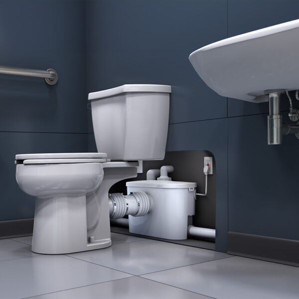 Zoeller Qwik Jon toilet in the bathroom as reliable upflush system